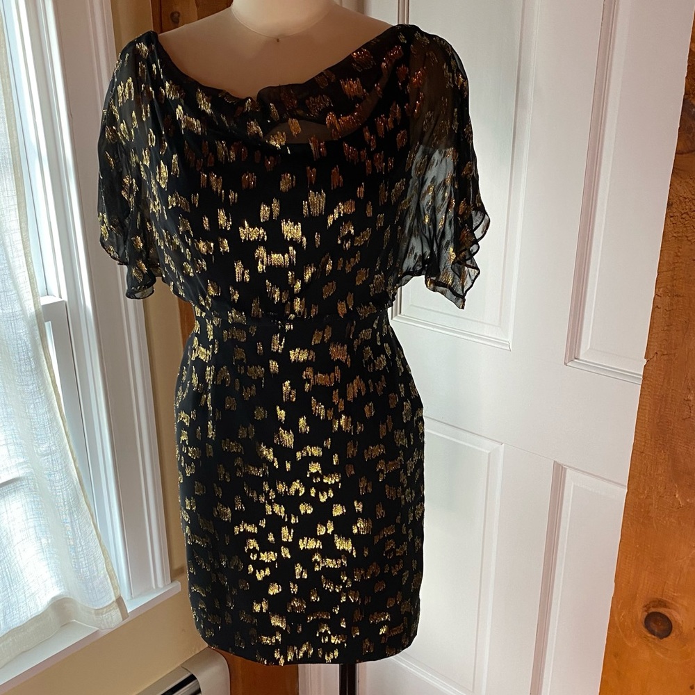 Kay Unger Drape Neck Mini Dress - black with gold abstract pattern